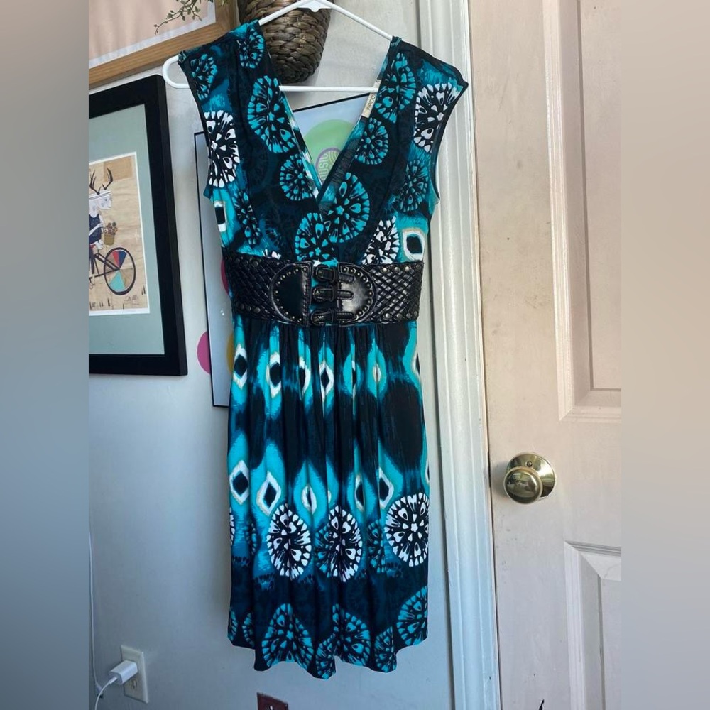 Arden B Elegant Teal and Black Patterned Dress